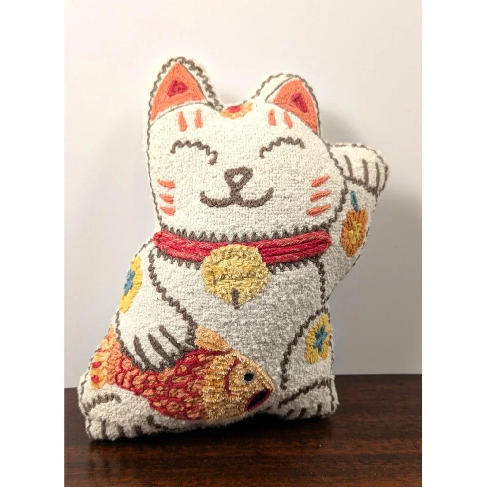 World Market Lucky Maneki Neko Cat Throw Pillow Embroidered Fish Bell White 12